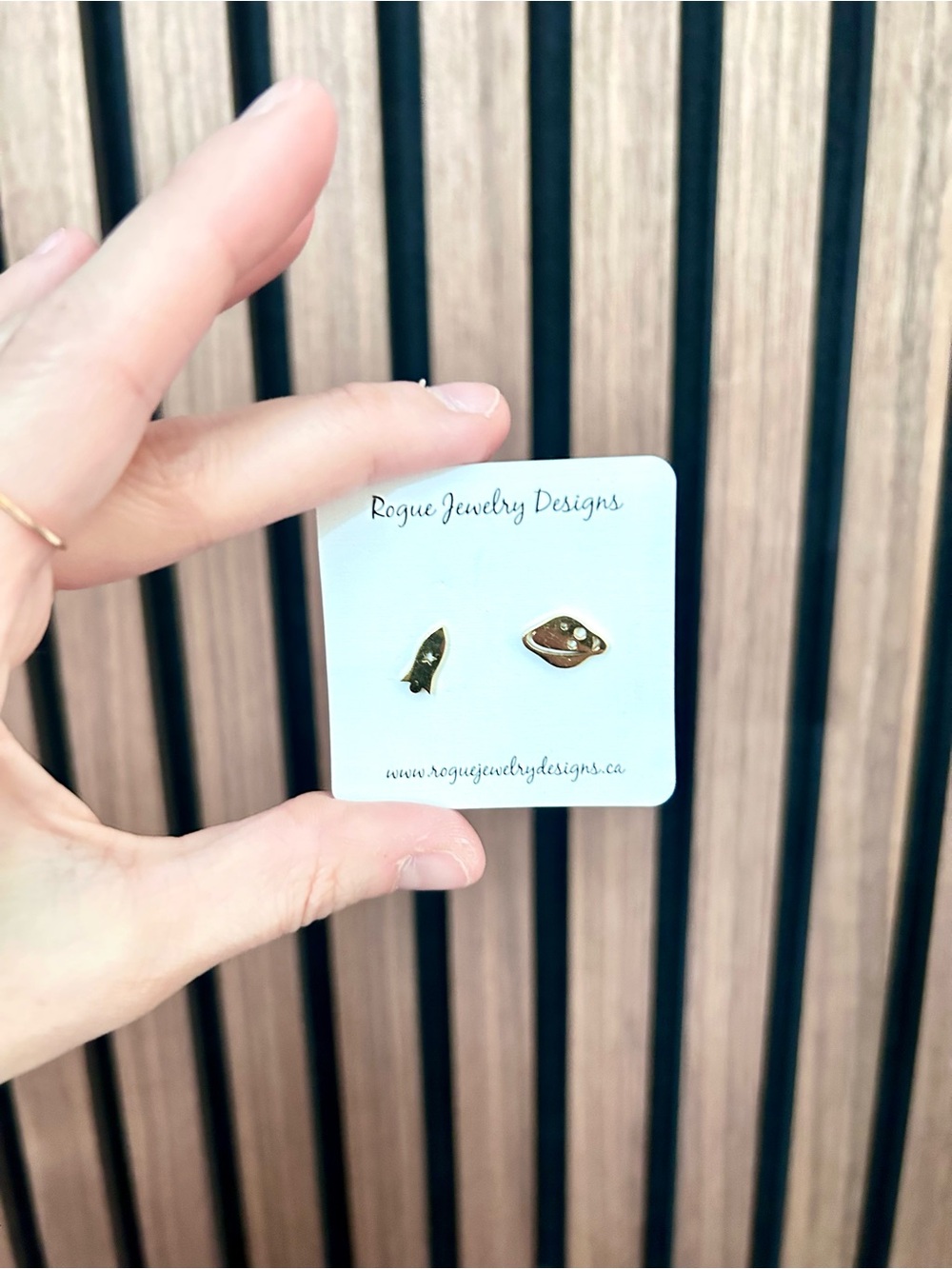 Rogue Jewelry Designs Gold Finish Stud Earring Set Rocket Space Saturn Sci-Fi